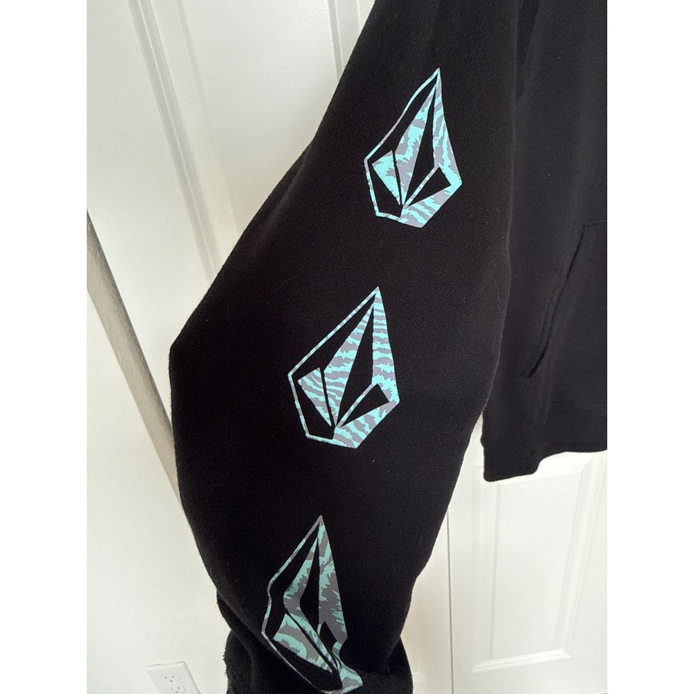 Volcom Mens Small Black Teal Logo Graphic Sleeve Pullover Hoodie Sweatshirt - Picture 3 of 7